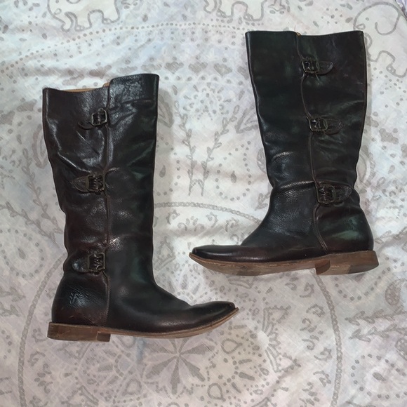 Frye Shoes - FRYE Paige Tall Riding Boots Buckle Leather Brown 77066 Sz 8.5
